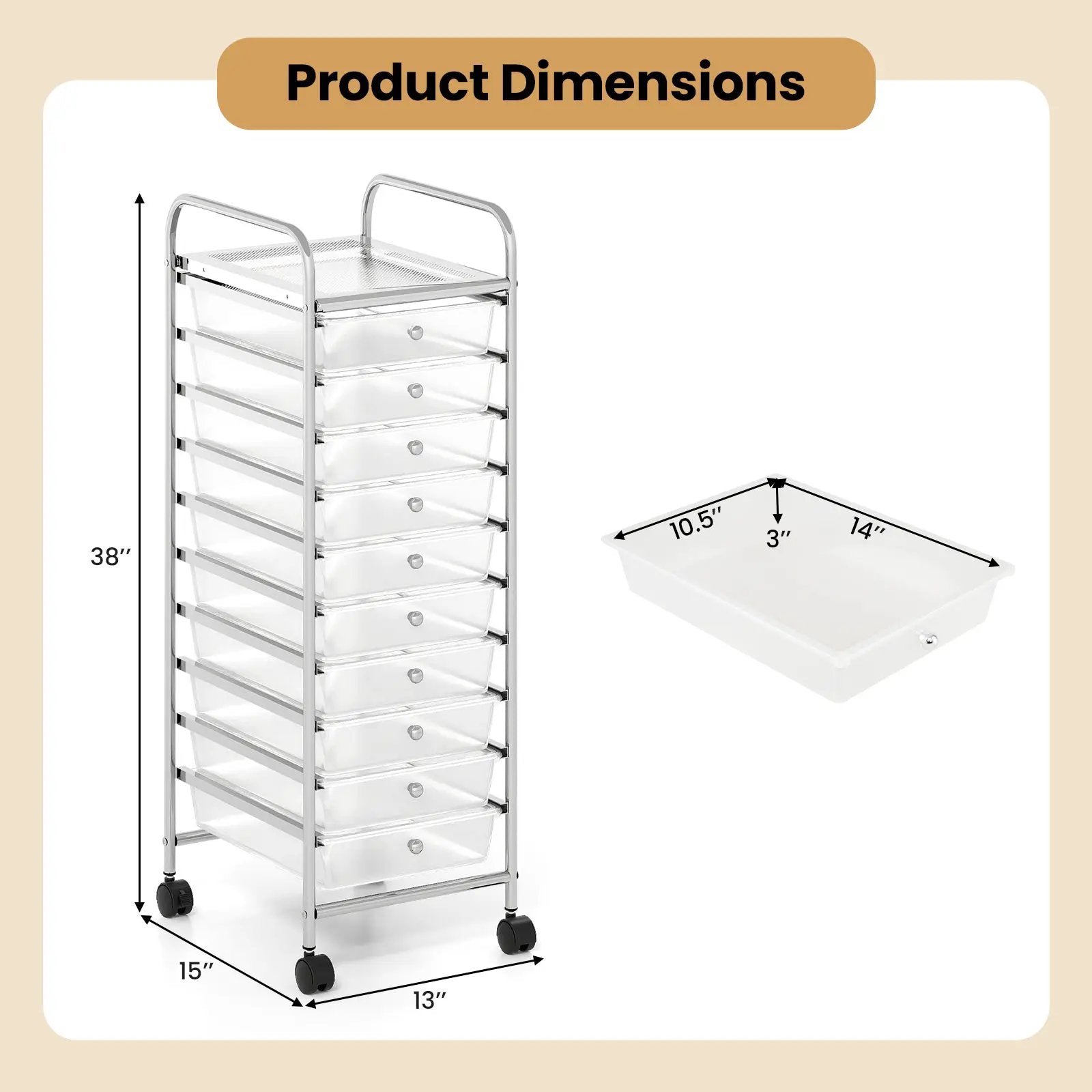 10-Drawer Rolling Storage Cart with Metal Frame and Lockable Universal Wheels by DirectDeals