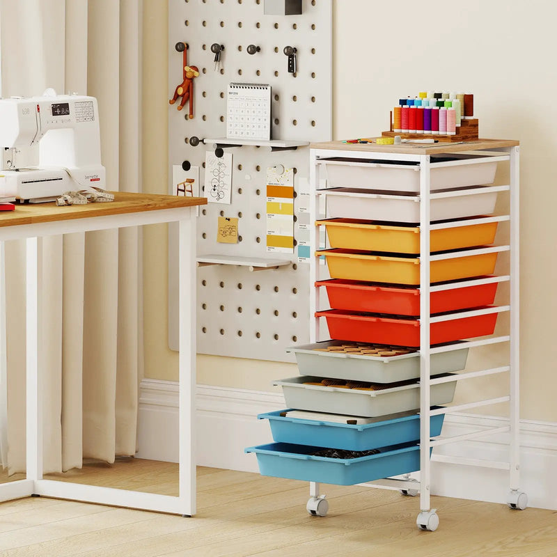 10-Drawer Rolling Storage Cart Mobile Utility Organizer with Wooden Tabletop and Lockable Wheels by DirectDeals