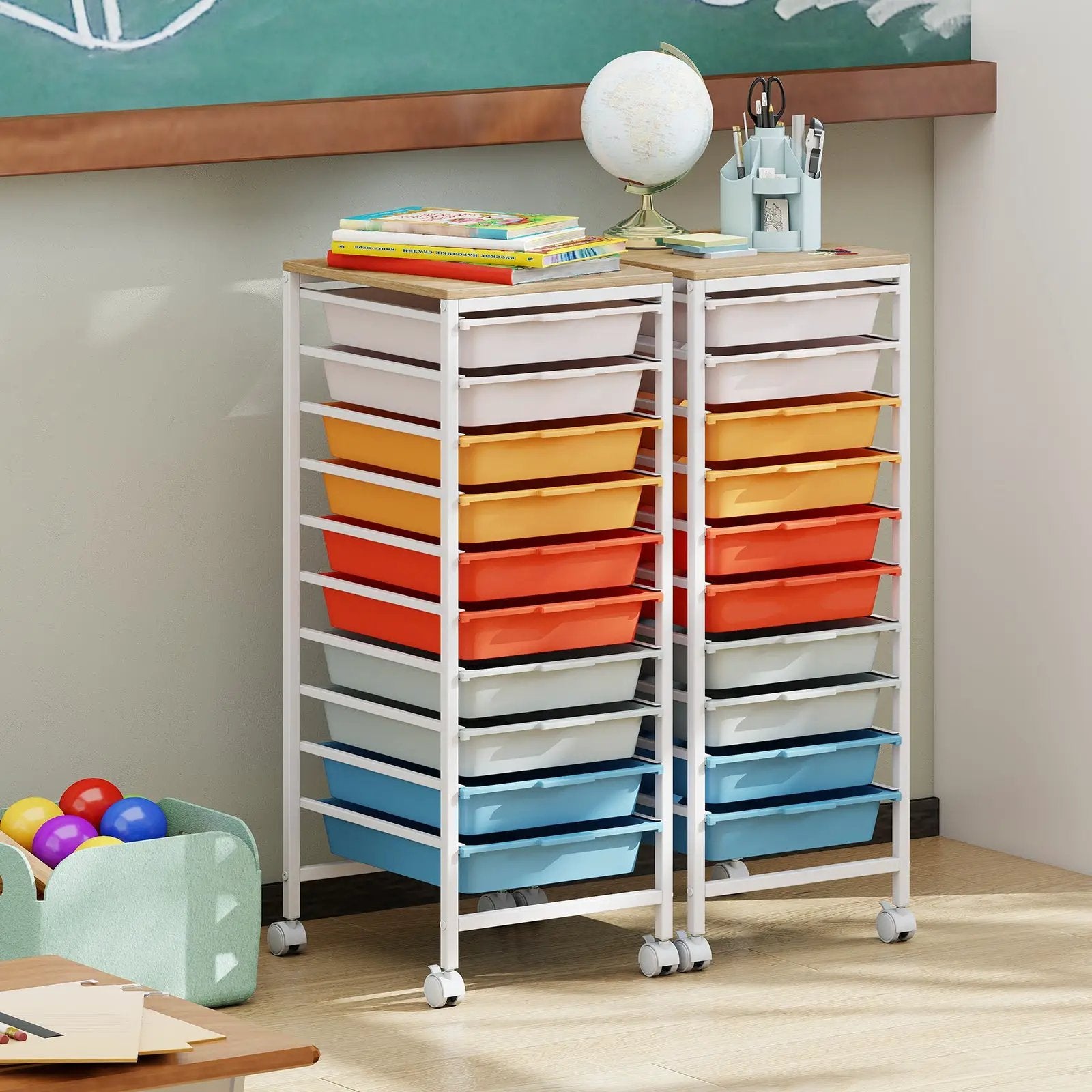 10-Drawer Rolling Storage Cart Mobile Utility Organizer with Wooden Tabletop and Lockable Wheels by DirectDeals