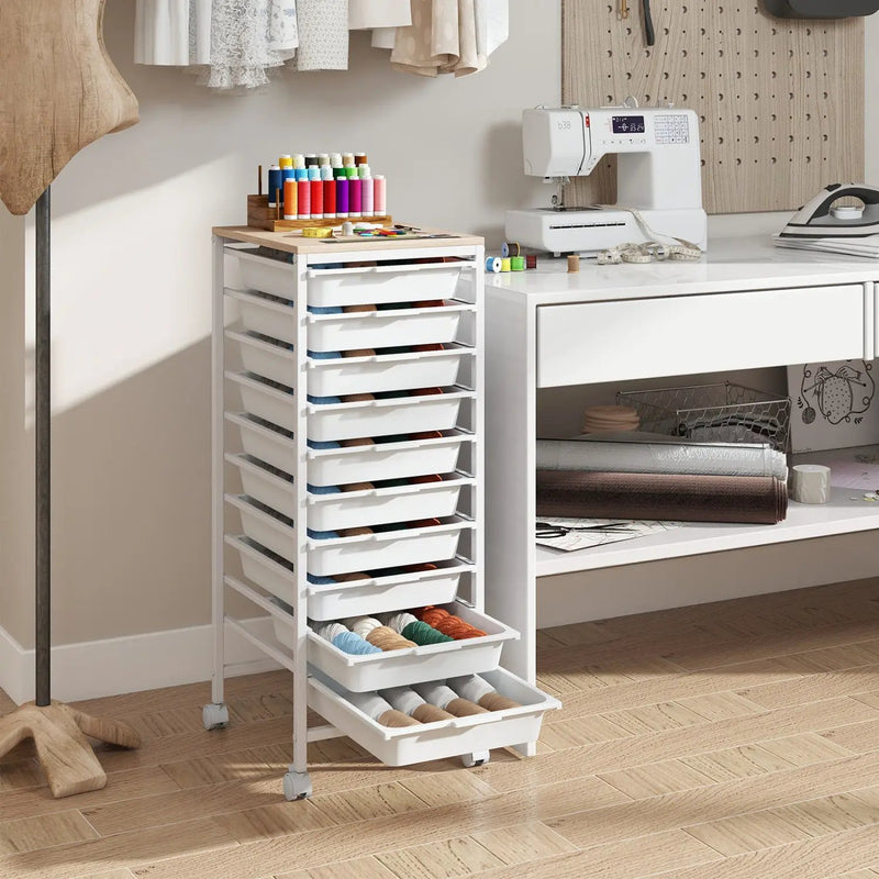 10-Drawer Rolling Storage Cart Mobile Utility Organizer with Wooden Tabletop and Lockable Wheels by DirectDeals
