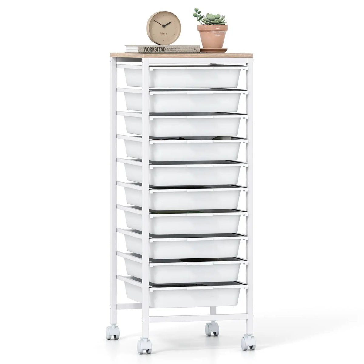 10-Drawer Rolling Storage Cart Mobile Utility Organizer with Wooden Tabletop and Lockable Wheels by DirectDeals