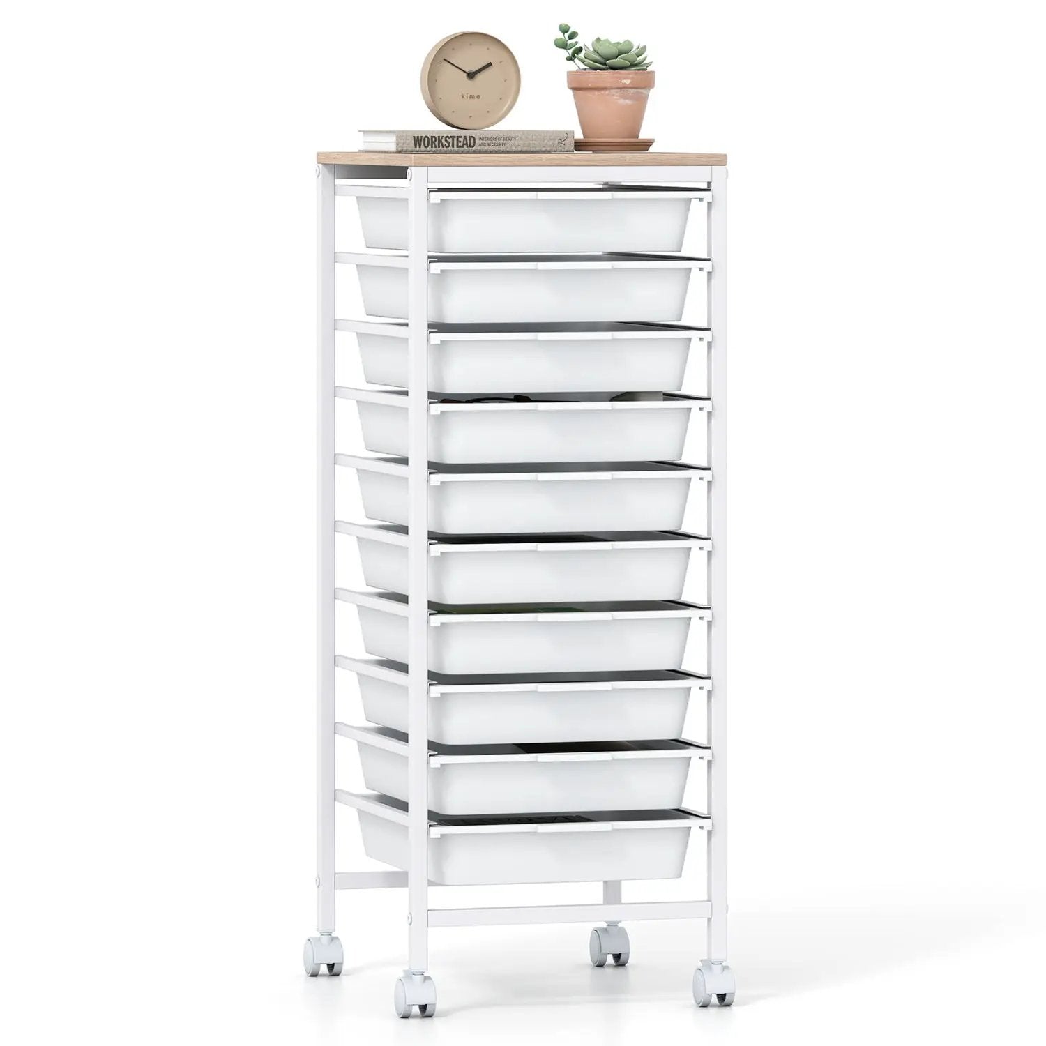 10-Drawer Rolling Storage Cart Mobile Utility Organizer with Wooden Tabletop and Lockable Wheels by DirectDeals