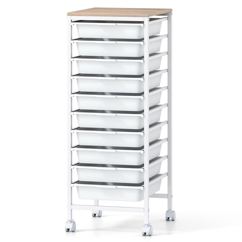 10-Drawer Rolling Storage Cart Mobile Utility Organizer with Wooden Tabletop and Lockable Wheels by DirectDeals
