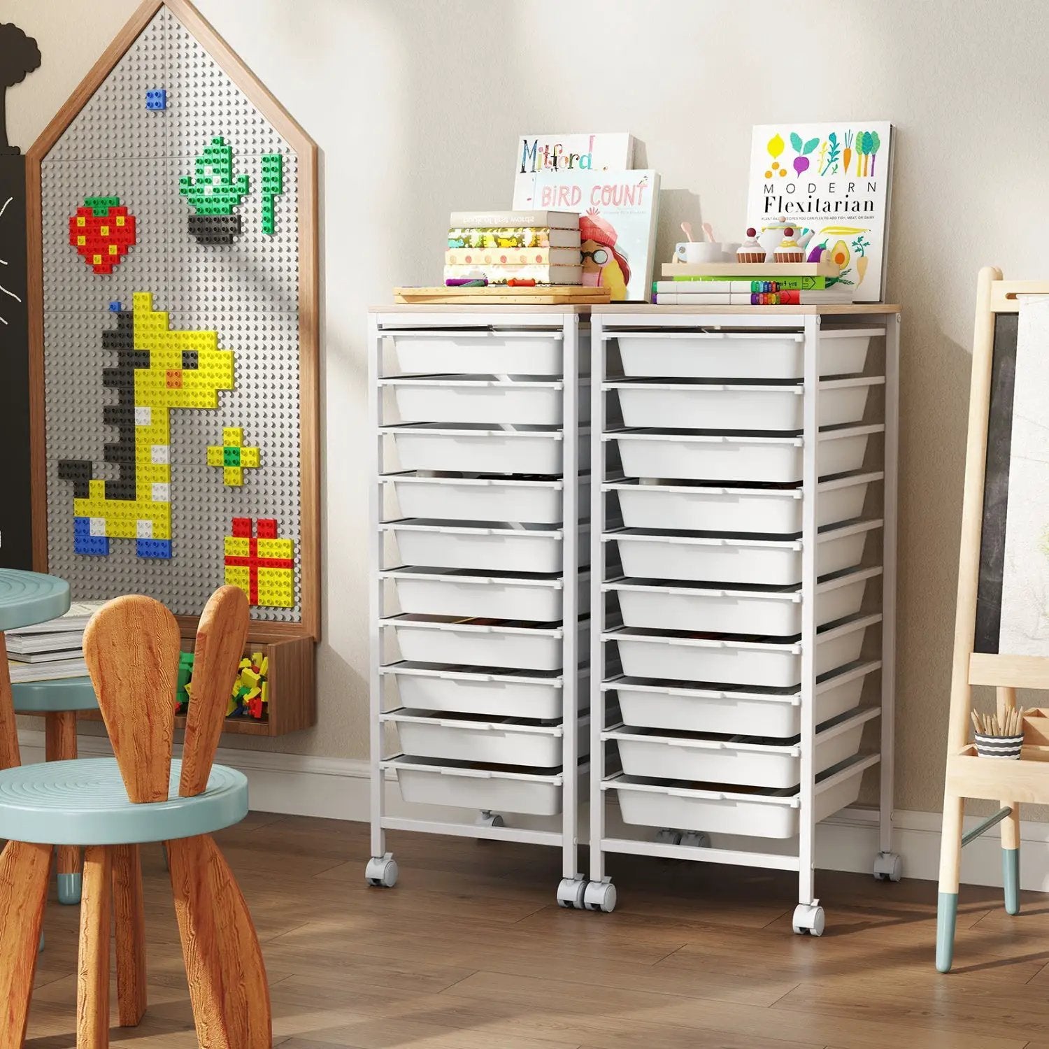 10-Drawer Rolling Storage Cart Mobile Utility Organizer with Wooden Tabletop and Lockable Wheels by DirectDeals