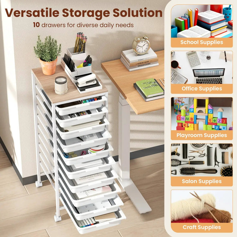 10-Drawer Rolling Storage Cart Mobile Utility Organizer with Wooden Tabletop and Lockable Wheels by DirectDeals