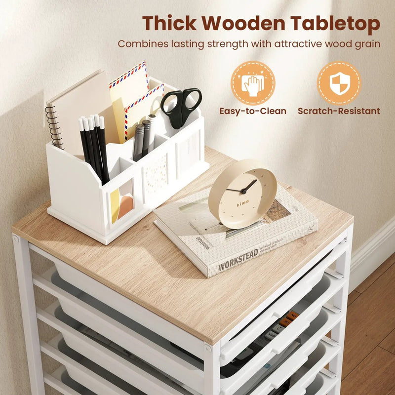 10-Drawer Rolling Storage Cart Mobile Utility Organizer with Wooden Tabletop and Lockable Wheels by DirectDeals