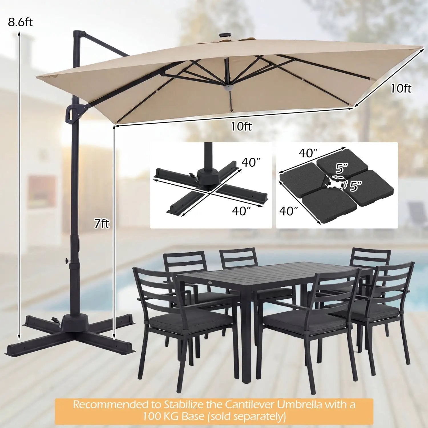 10 FT Cantilever Patio Umbrella with Solar LED Lights for Pool and Garden by DirectDeals