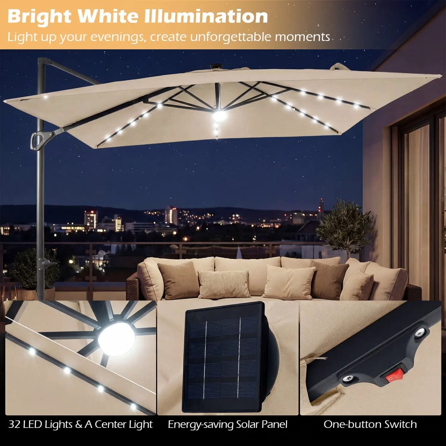 10 FT Cantilever Patio Umbrella with Solar LED Lights for Pool and Garden by DirectDeals