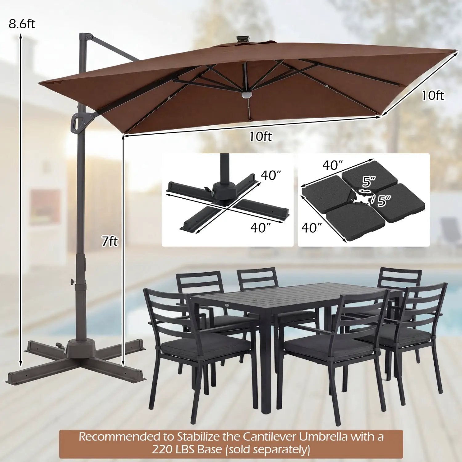 10 FT Cantilever Patio Umbrella with Solar LED Lights for Pool and Garden by DirectDeals