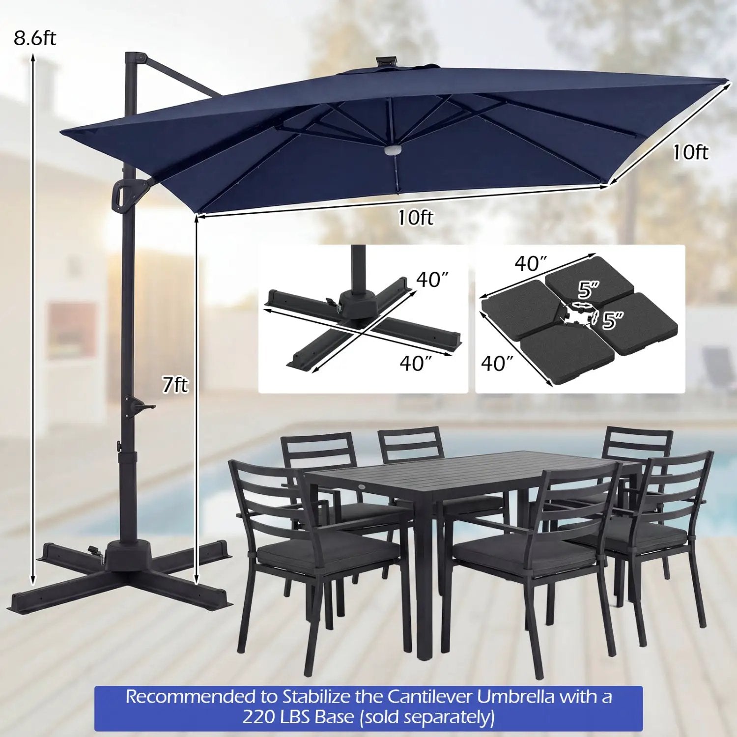 10 FT Cantilever Patio Umbrella with Solar LED Lights for Pool and Garden by DirectDeals