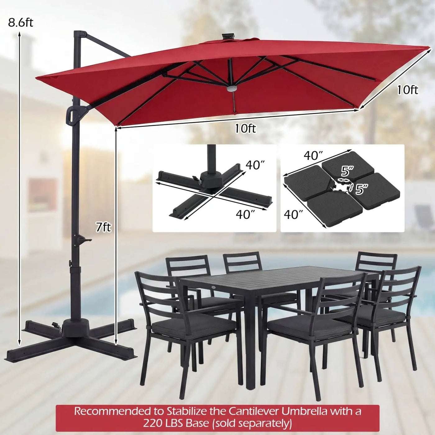 10 FT Cantilever Patio Umbrella with Solar LED Lights for Pool and Garden by DirectDeals