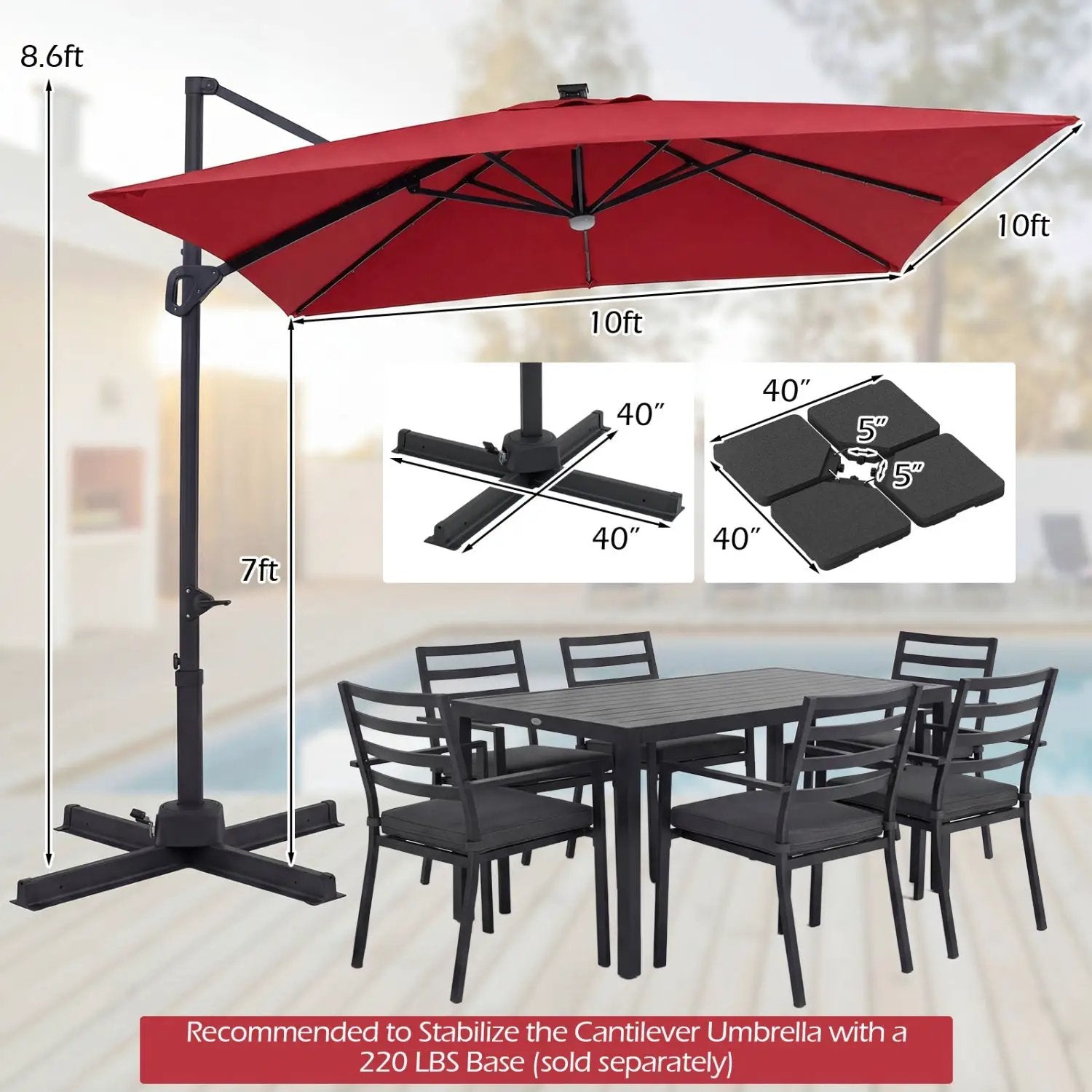 10 FT Cantilever Patio Umbrella with Solar LED Lights for Pool and Garden by DirectDeals