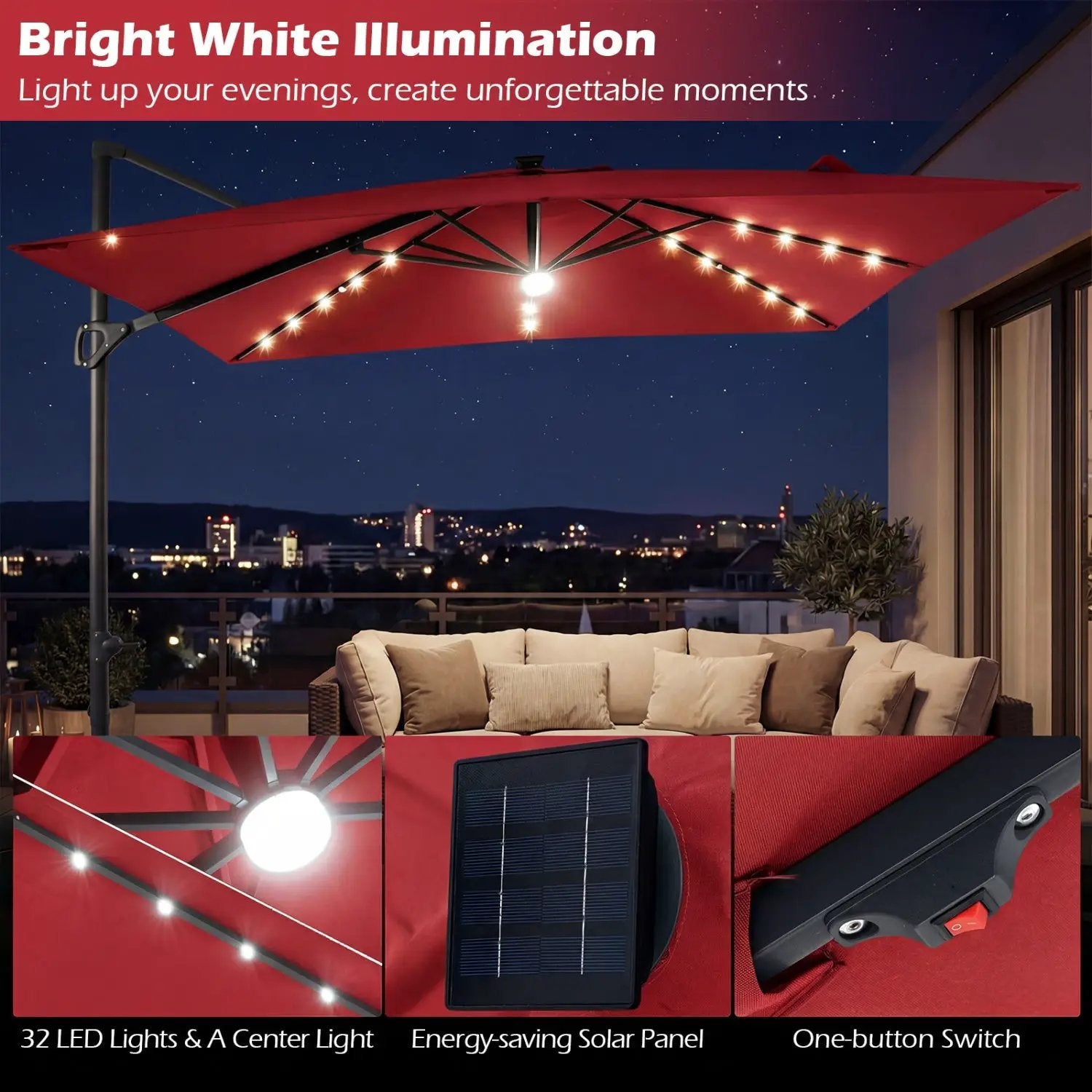 10 FT Cantilever Patio Umbrella with Solar LED Lights for Pool and Garden by DirectDeals