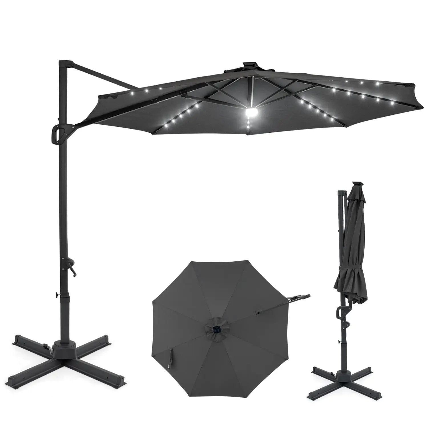 10 FT Cantilever Patio Umbrella with Solar LED Lights 360° Rotation by DirectDeals