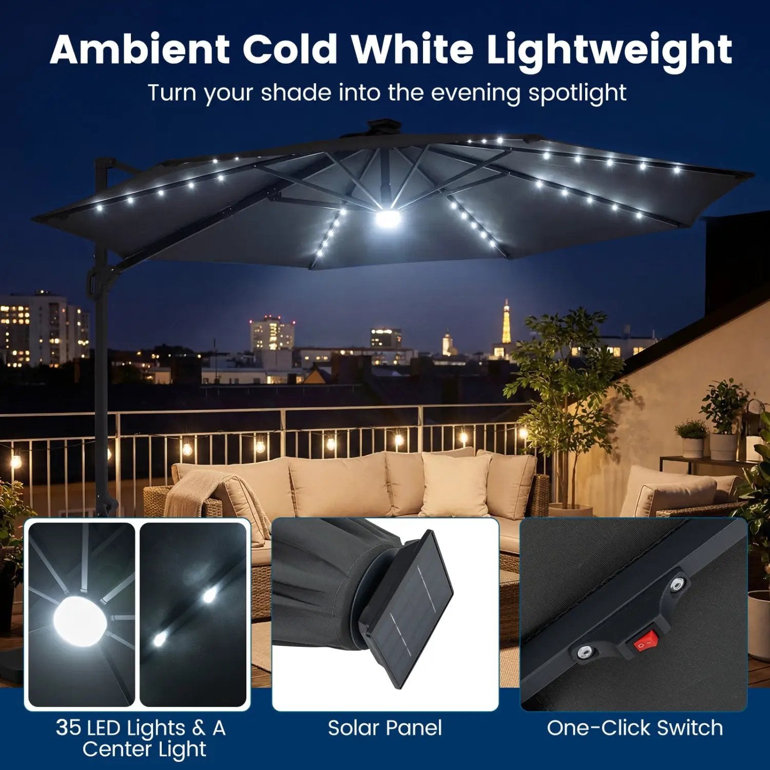10 FT Cantilever Patio Umbrella with Solar LED Lights 360° Rotation by DirectDeals