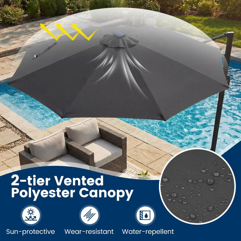 10 FT Cantilever Patio Umbrella with Solar LED Lights 360° Rotation by DirectDeals