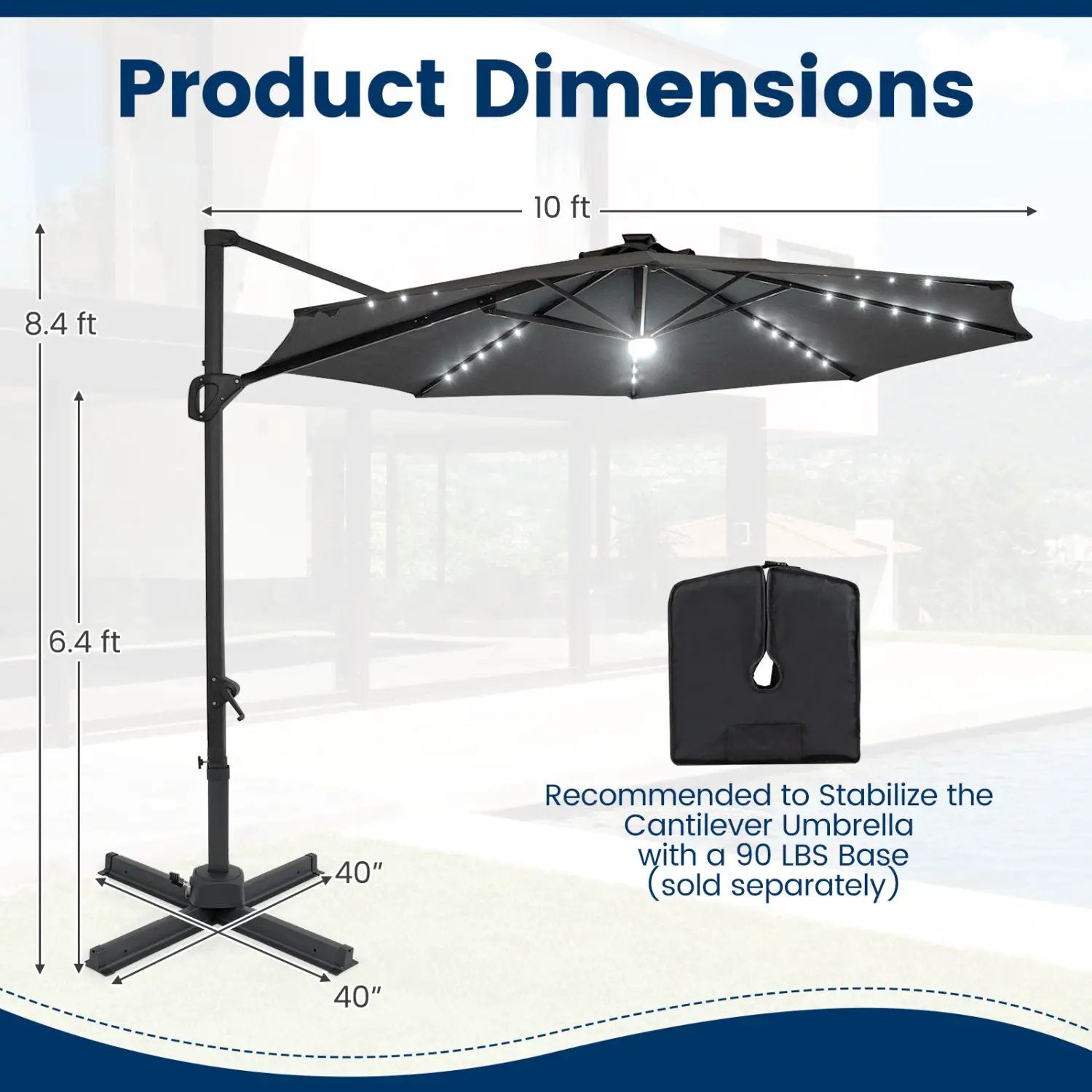 10 FT Cantilever Patio Umbrella with Solar LED Lights 360° Rotation by DirectDeals