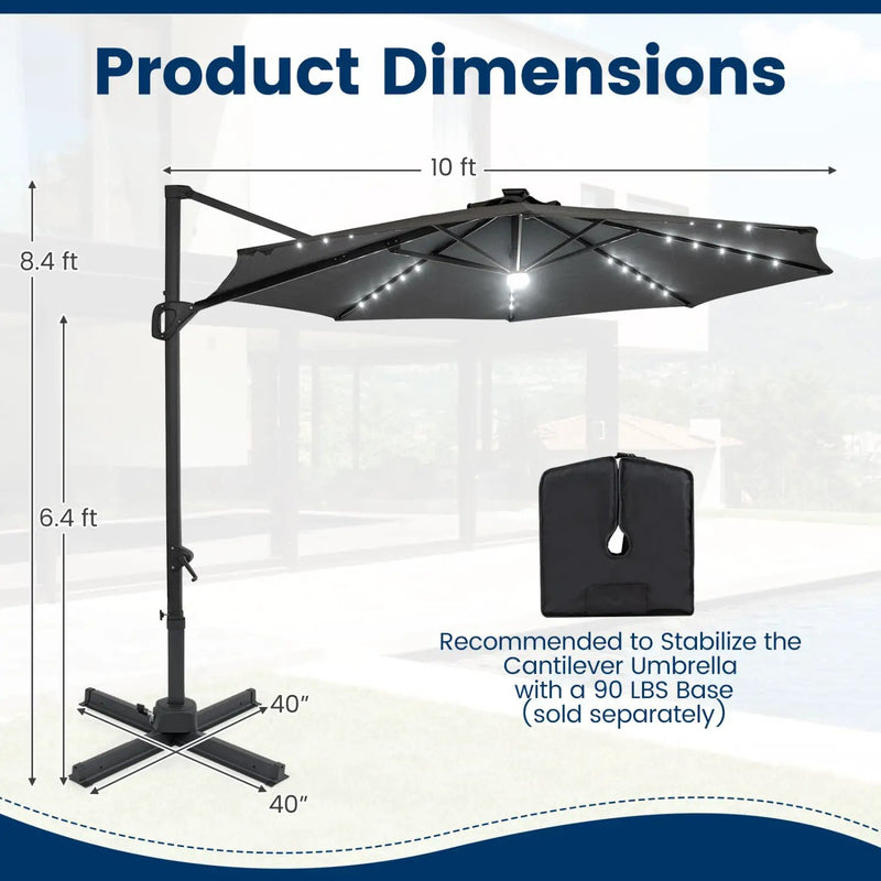 10 FT Cantilever Patio Umbrella with Solar LED Lights 360° Rotation by DirectDeals