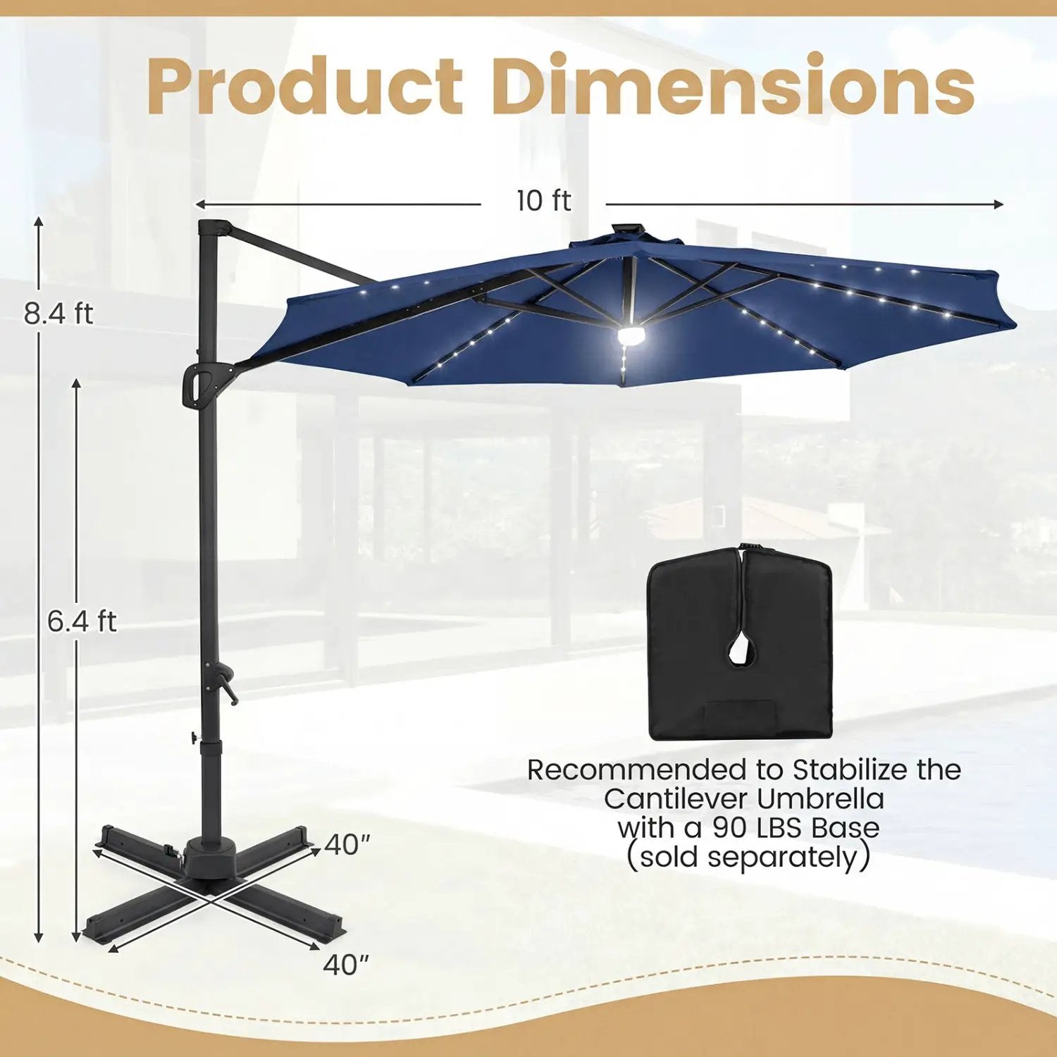 10 FT Cantilever Patio Umbrella with Solar LED Lights 360° Rotation by DirectDeals