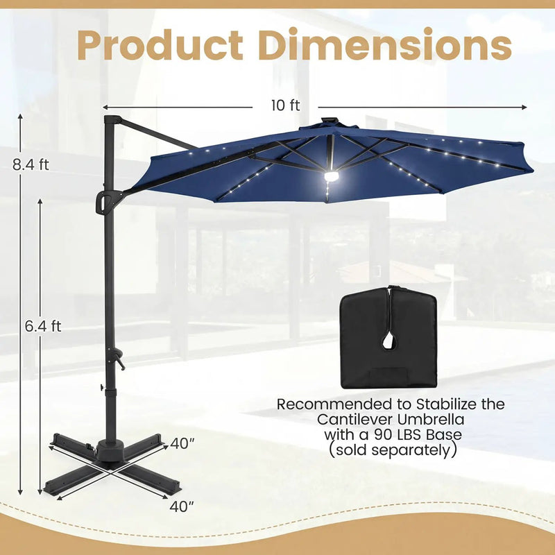 10 FT Cantilever Patio Umbrella with Solar LED Lights 360° Rotation by DirectDeals