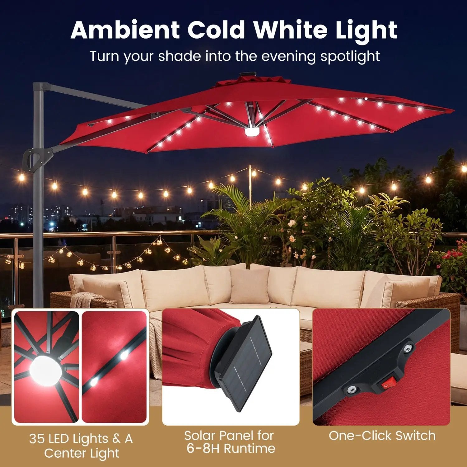 10 FT Cantilever Patio Umbrella with Solar LED Lights 360° Rotation by DirectDeals