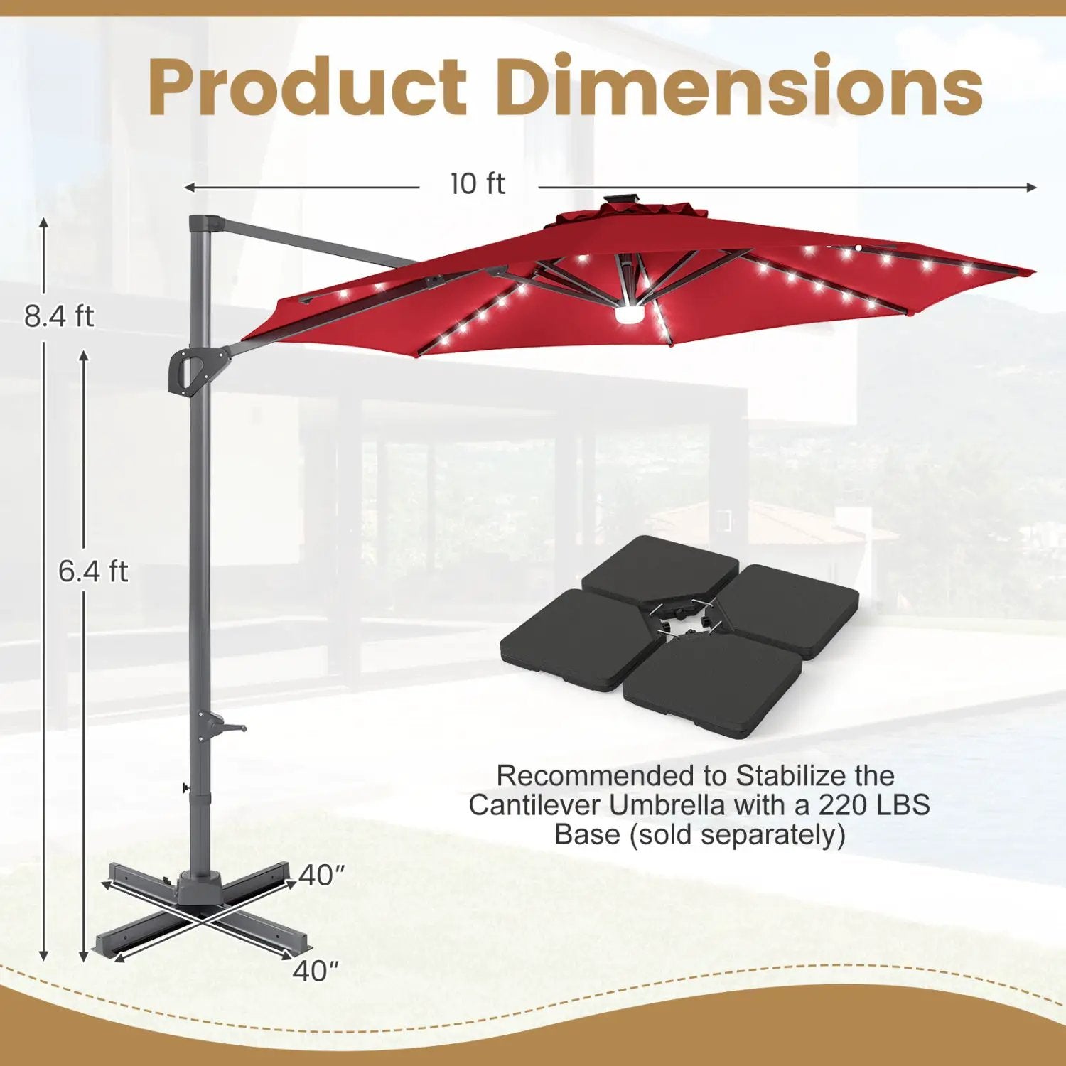 10 FT Cantilever Patio Umbrella with Solar LED Lights 360° Rotation by DirectDeals