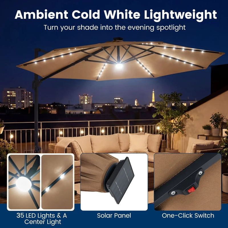10 FT Cantilever Patio Umbrella with Solar LED Lights 360° Rotation by DirectDeals