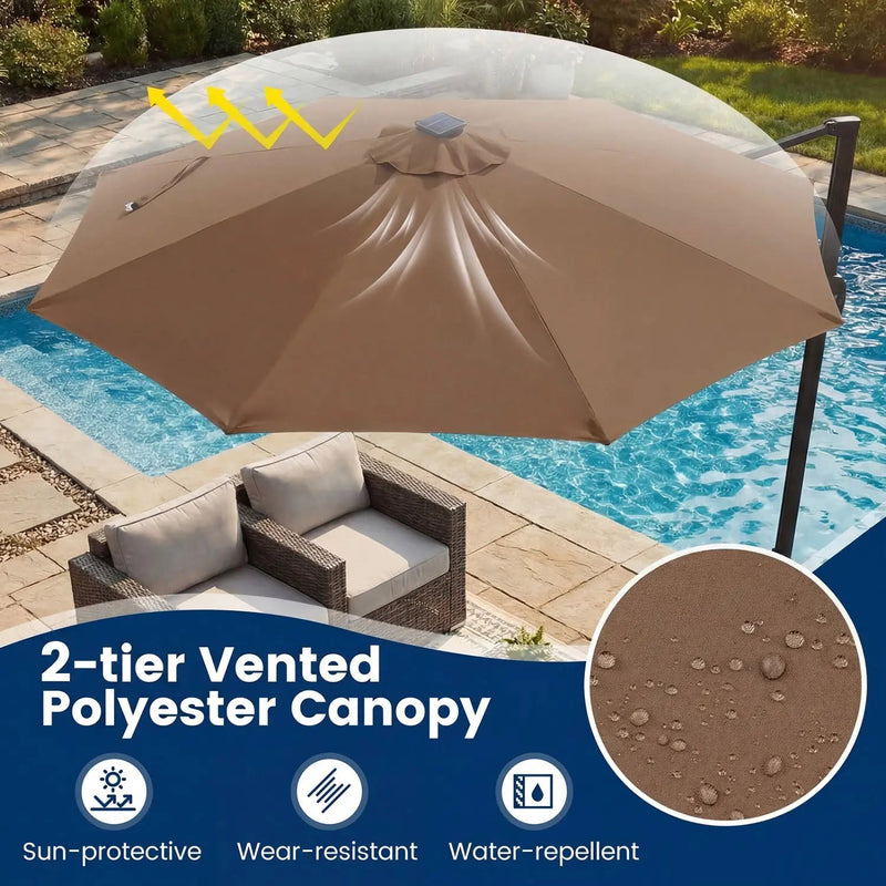 10 FT Cantilever Patio Umbrella with Solar LED Lights 360° Rotation by DirectDeals