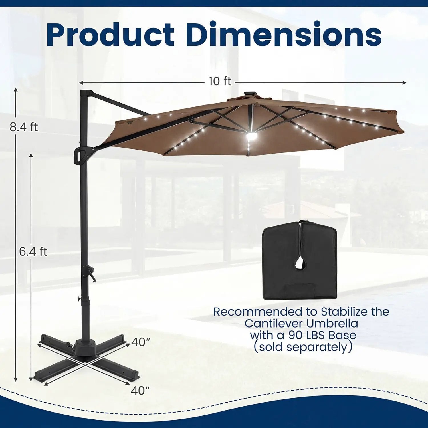 10 FT Cantilever Patio Umbrella with Solar LED Lights 360° Rotation by DirectDeals