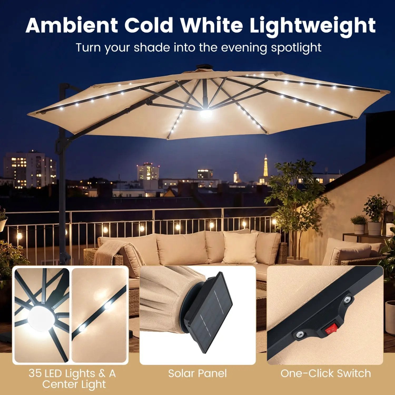 10 FT Cantilever Patio Umbrella with Solar LED Lights 360° Rotation by DirectDeals