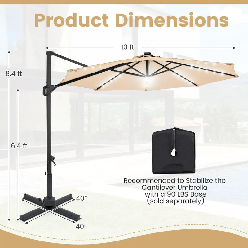 10 FT Cantilever Patio Umbrella with Solar LED Lights 360° Rotation by DirectDeals
