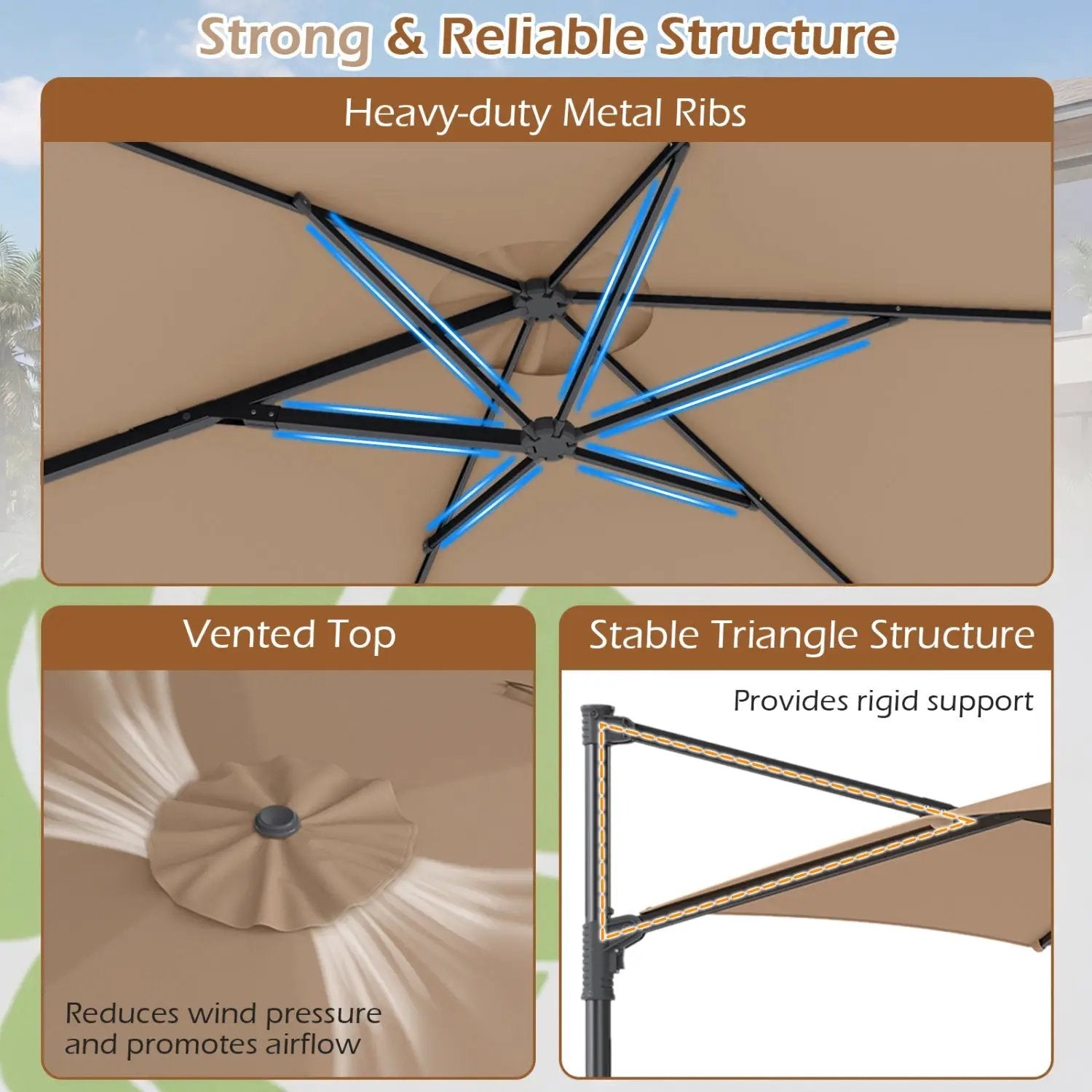 10 FT Patio Cantilever Umbrella with 360° Rotation and Air Vent for Backyard and Poolside by DirectDeals
