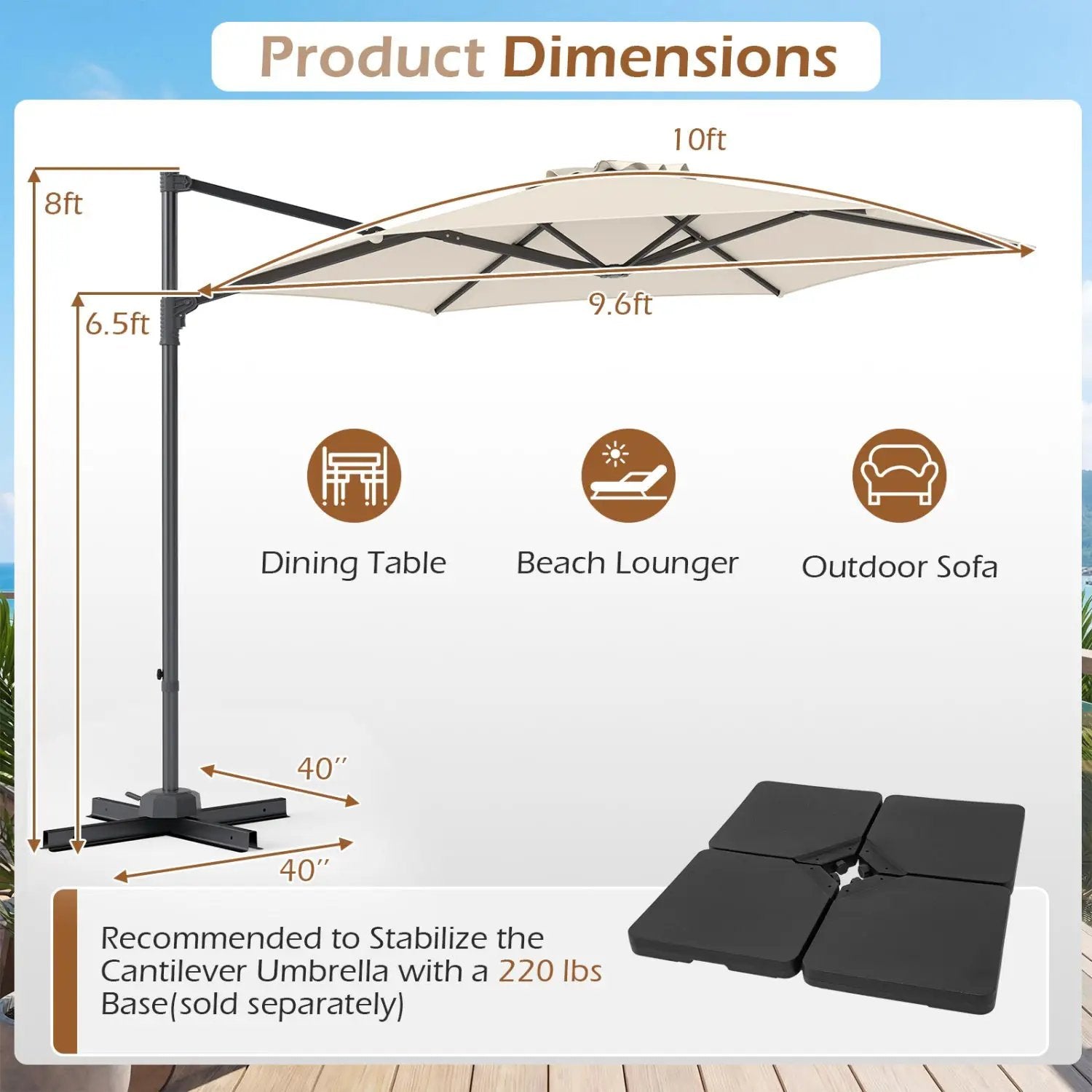 10 FT Patio Cantilever Umbrella with 360° Rotation and Air Vent for Backyard and Poolside by DirectDeals