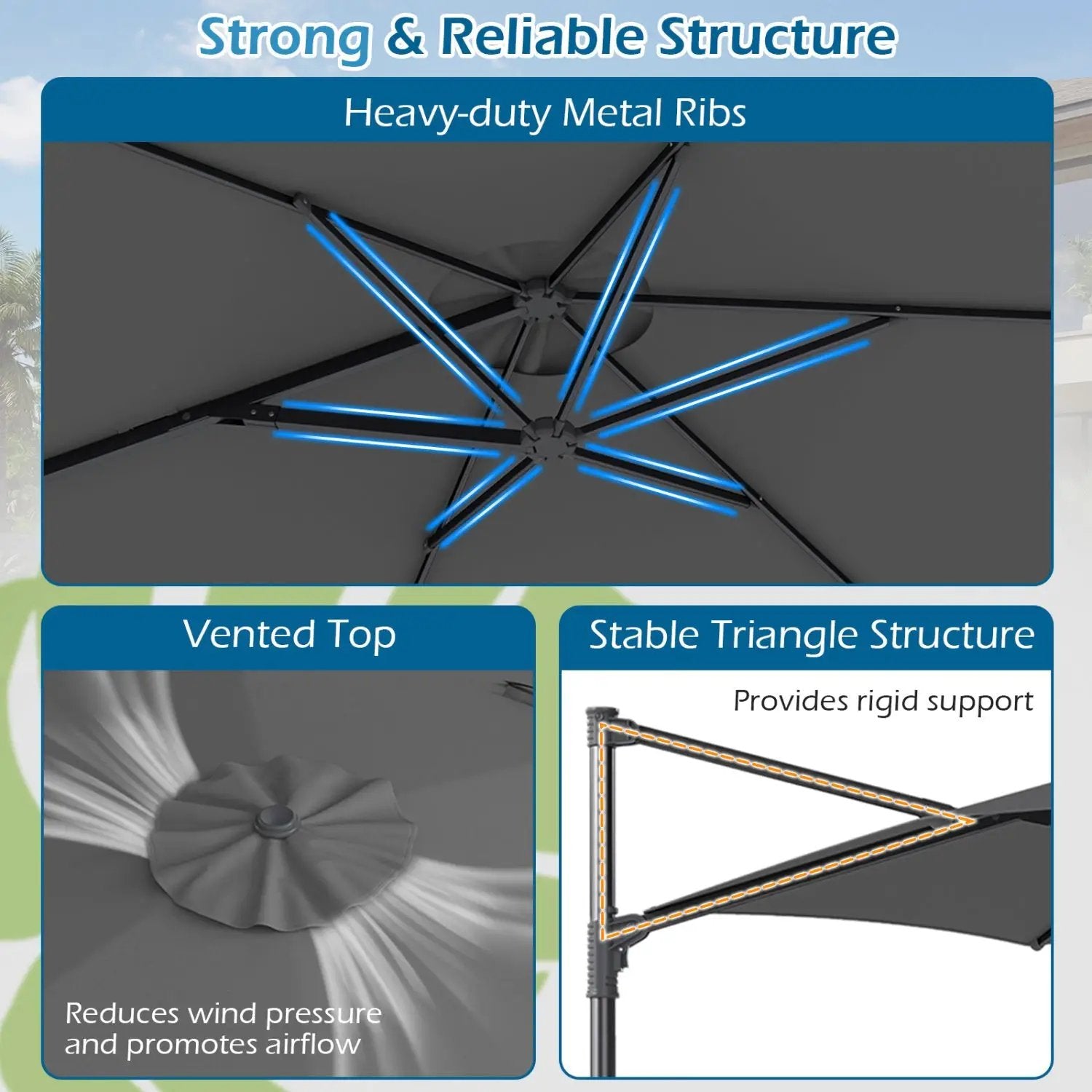10 FT Patio Cantilever Umbrella with 360° Rotation and Air Vent for Backyard and Poolside by DirectDeals