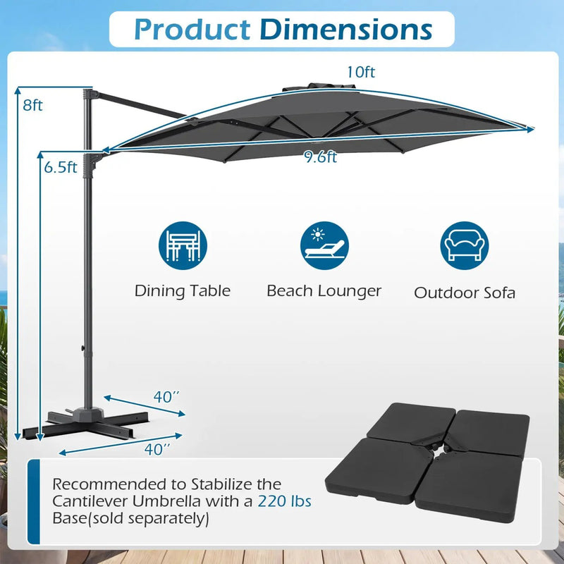 10 FT Patio Cantilever Umbrella with 360° Rotation and Air Vent for Backyard and Poolside by DirectDeals