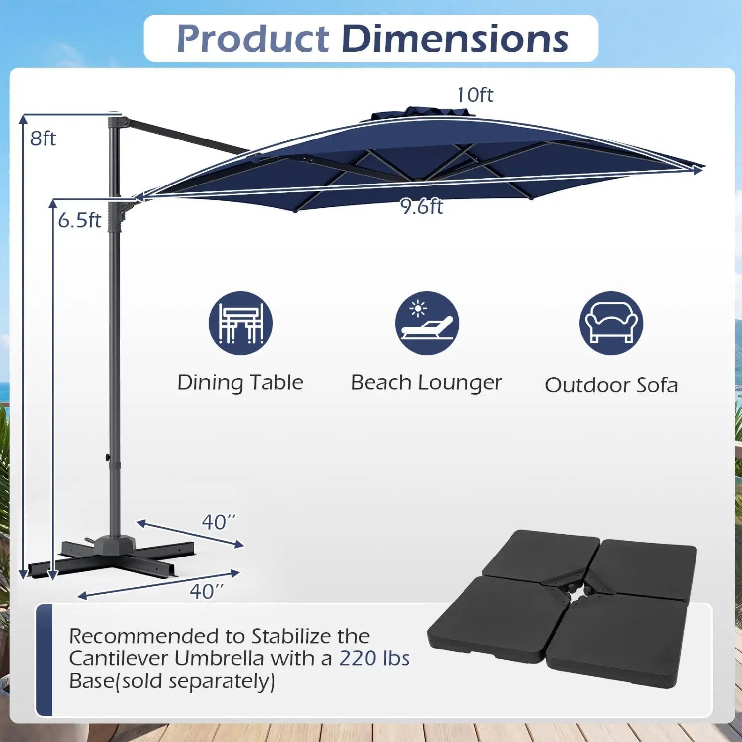 10 FT Patio Cantilever Umbrella with 360° Rotation and Air Vent for Backyard and Poolside by DirectDeals