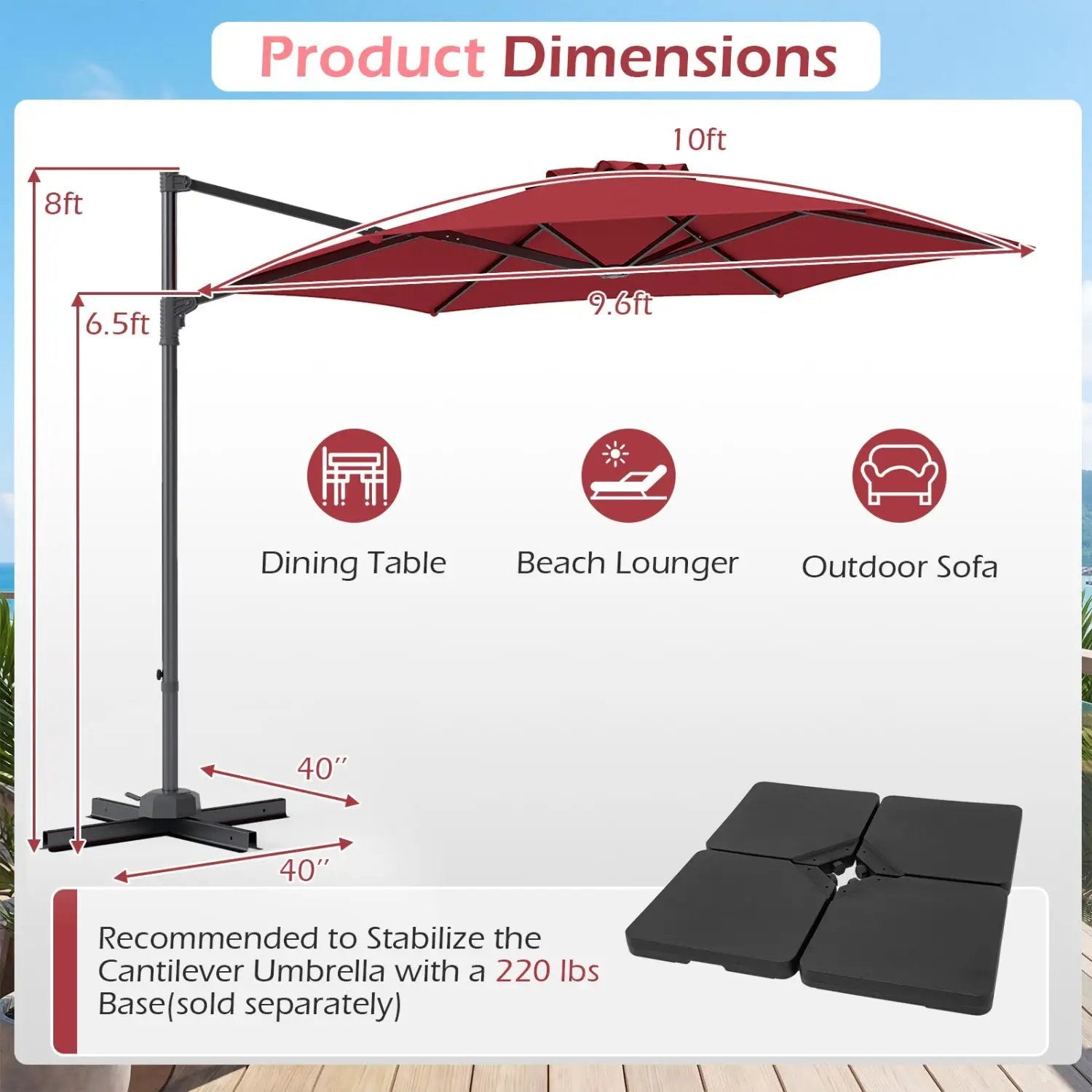 10 FT Patio Cantilever Umbrella with 360° Rotation and Air Vent for Backyard and Poolside by DirectDeals