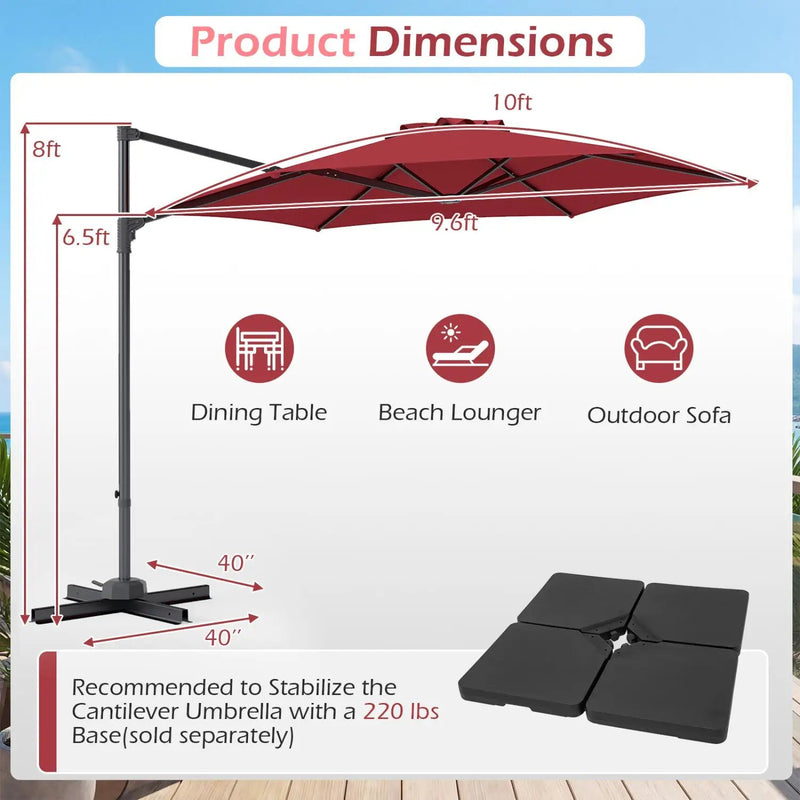 10 FT Patio Cantilever Umbrella with 360° Rotation and Air Vent for Backyard and Poolside by DirectDeals
