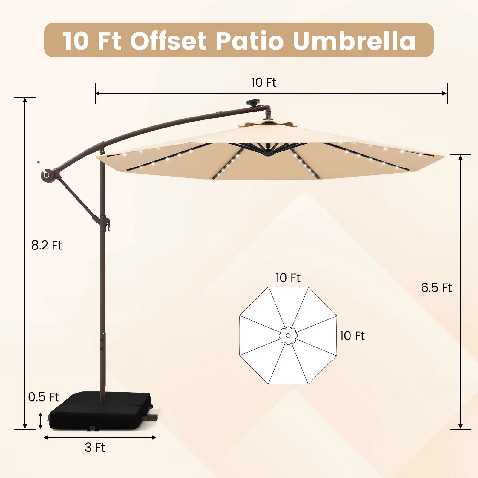 10 Feet Cantilever Umbrella with 32 LED Lights and Solar Panel Batteries by DirectDeals