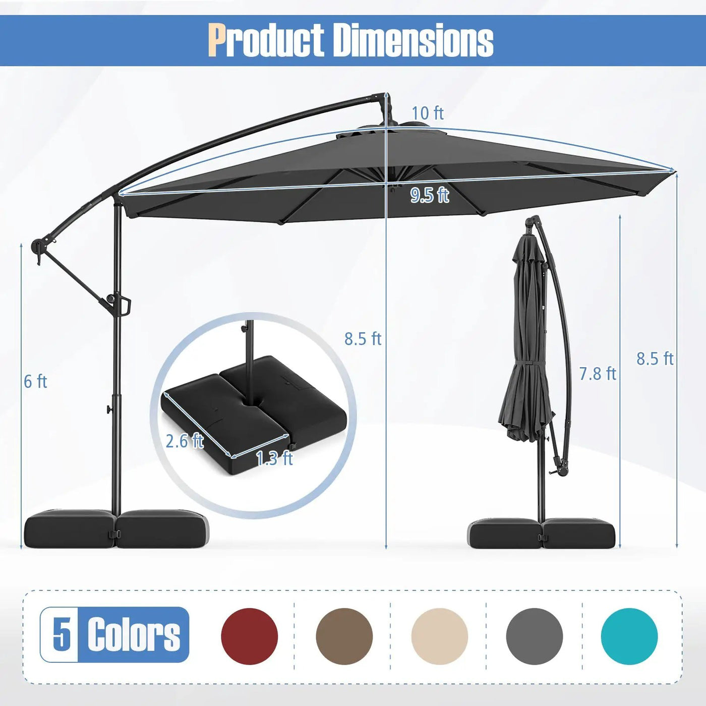 10 Feet Offset Hanging Umbrella with Base Patio Cantilever Umbrella with Tilt by DirectDeals