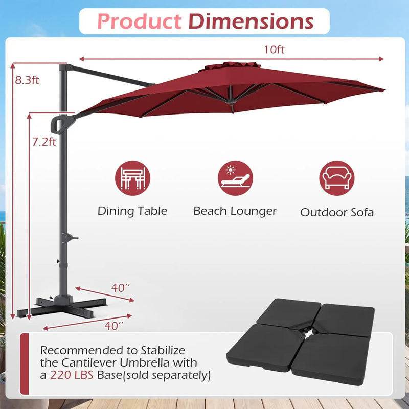 10 Feet Patio Cantilever Umbrella with Easy Tilt Adjustment by DirectDeals
