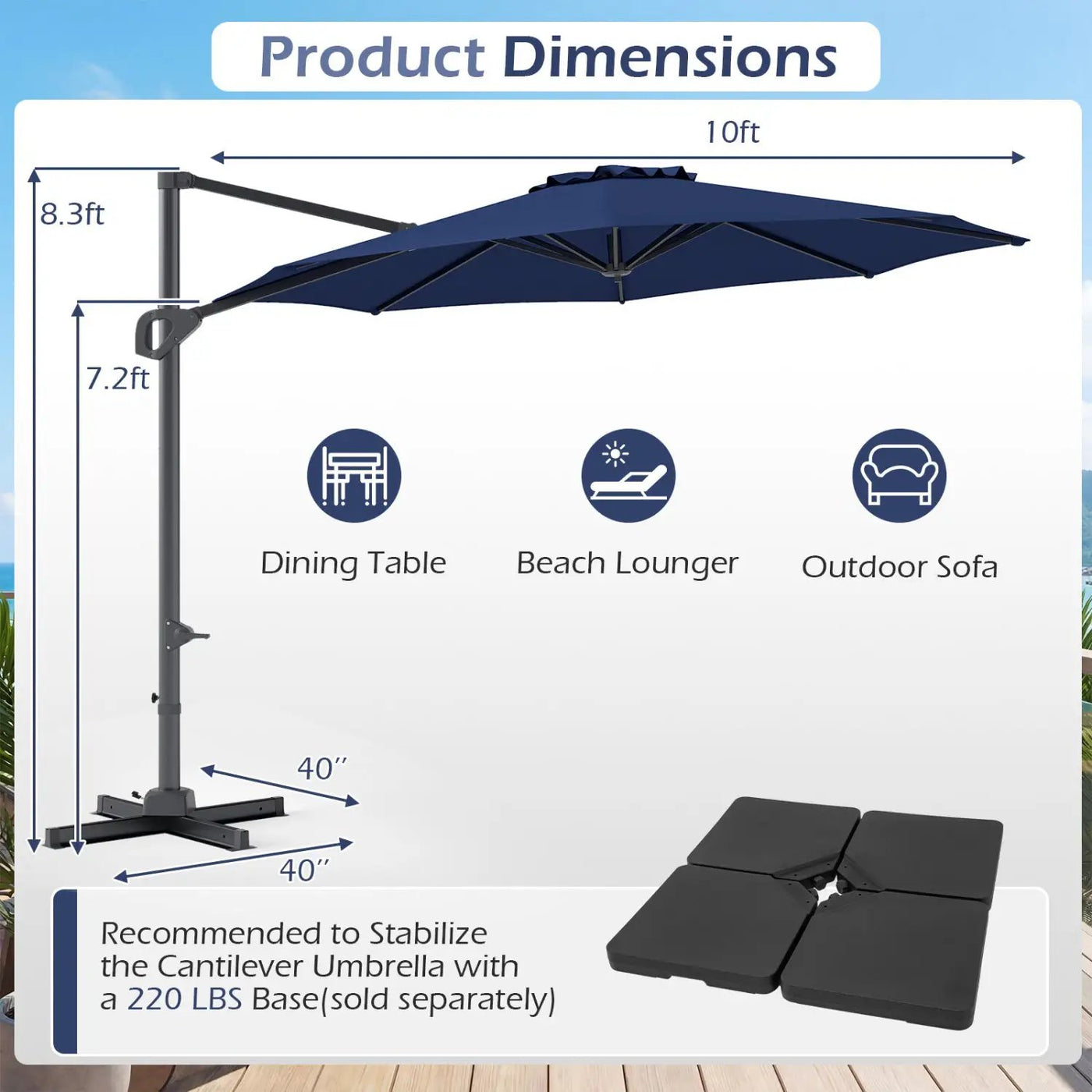 10 Feet Patio Cantilever Umbrella with Easy Tilt Adjustment by DirectDeals