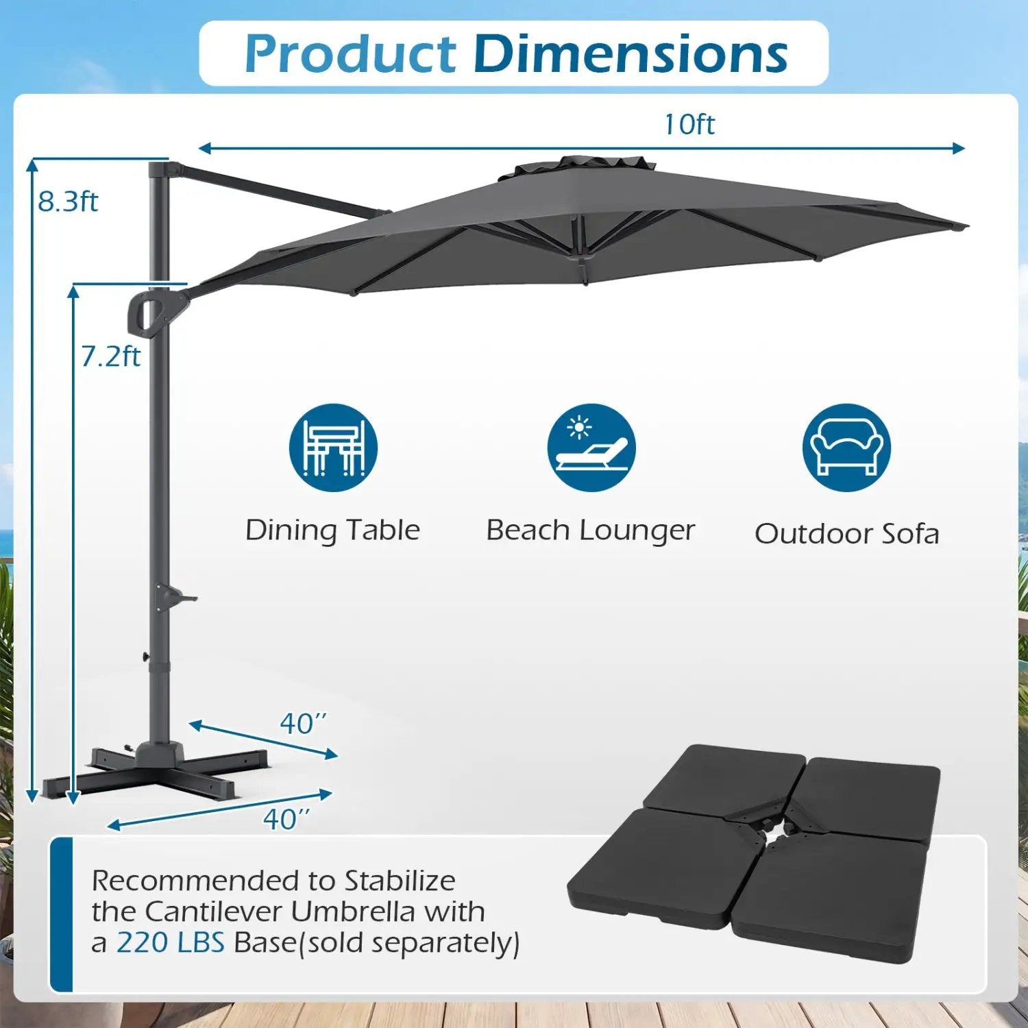 10 Feet Patio Cantilever Umbrella with Easy Tilt Adjustment by DirectDeals