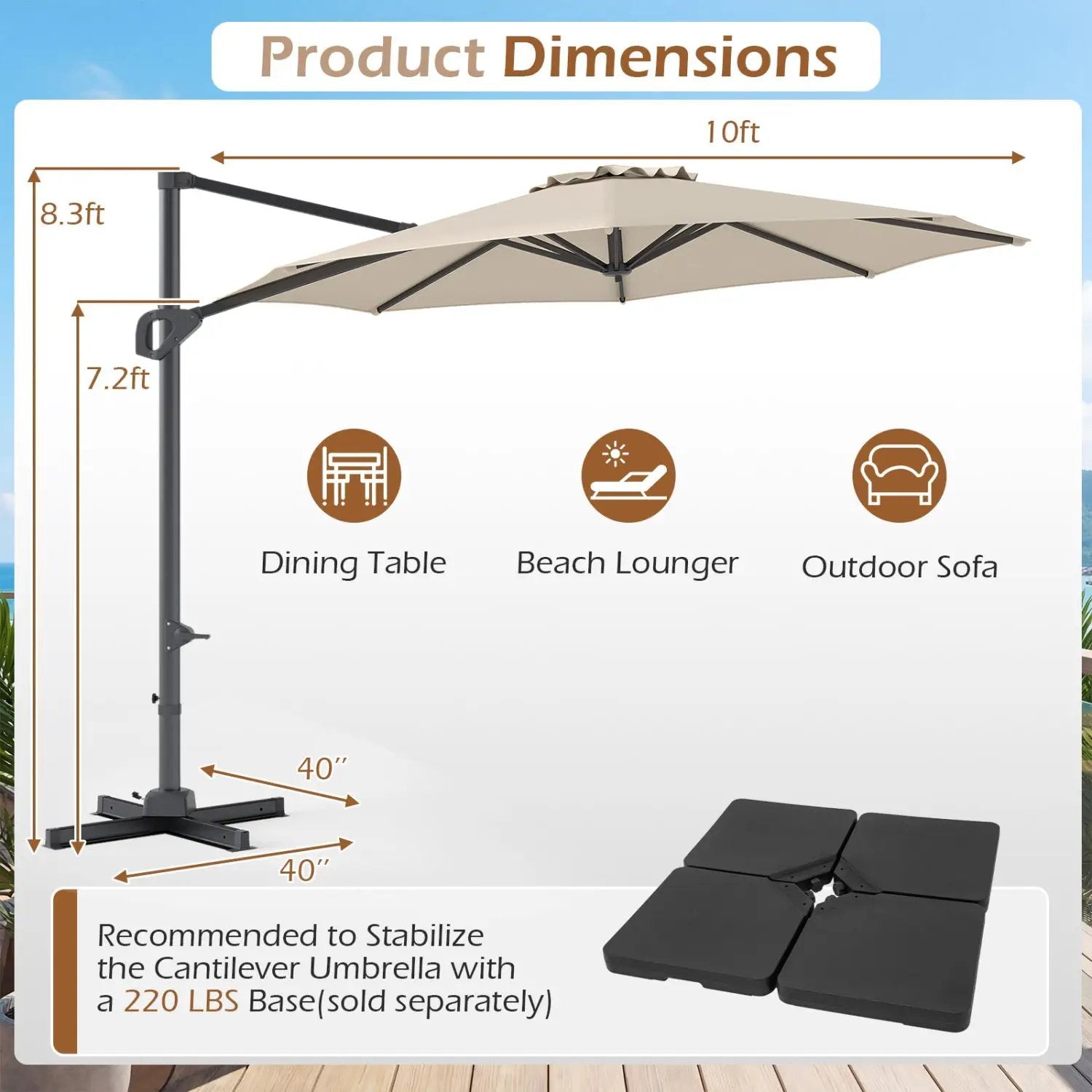 10 Feet Patio Cantilever Umbrella with Easy Tilt Adjustment by DirectDeals