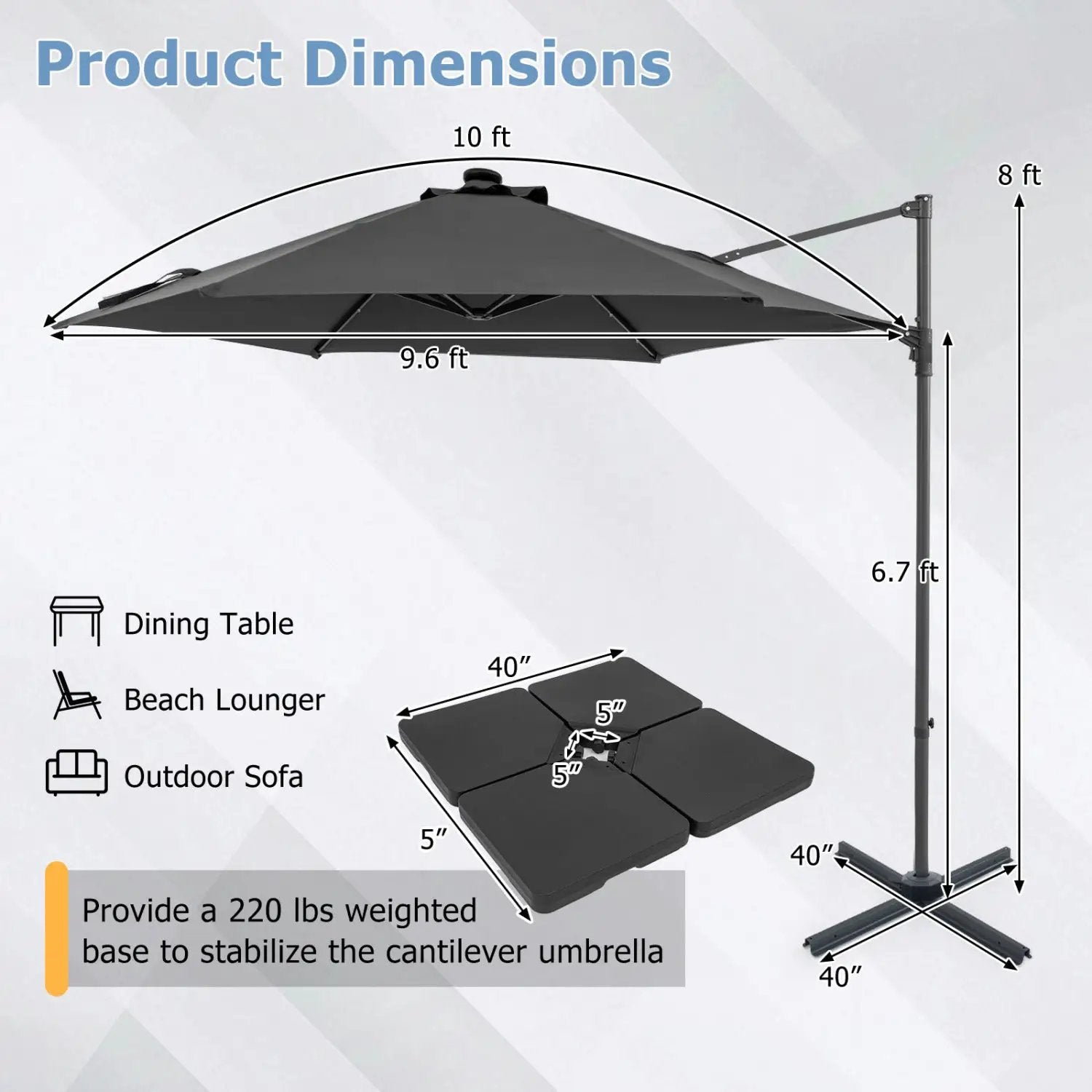 10 Feet Patio Cantilever Umbrella with Solar LED Lights by DirectDeals