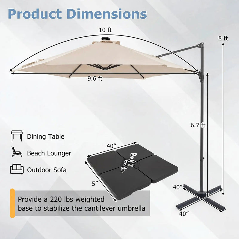 10 Feet Patio Cantilever Umbrella with Solar LED Lights by DirectDeals