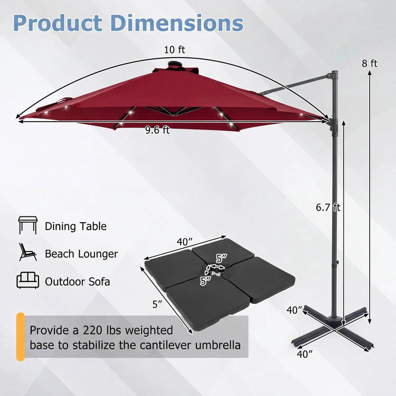 10 Feet Patio Cantilever Umbrella with Solar LED Lights by DirectDeals