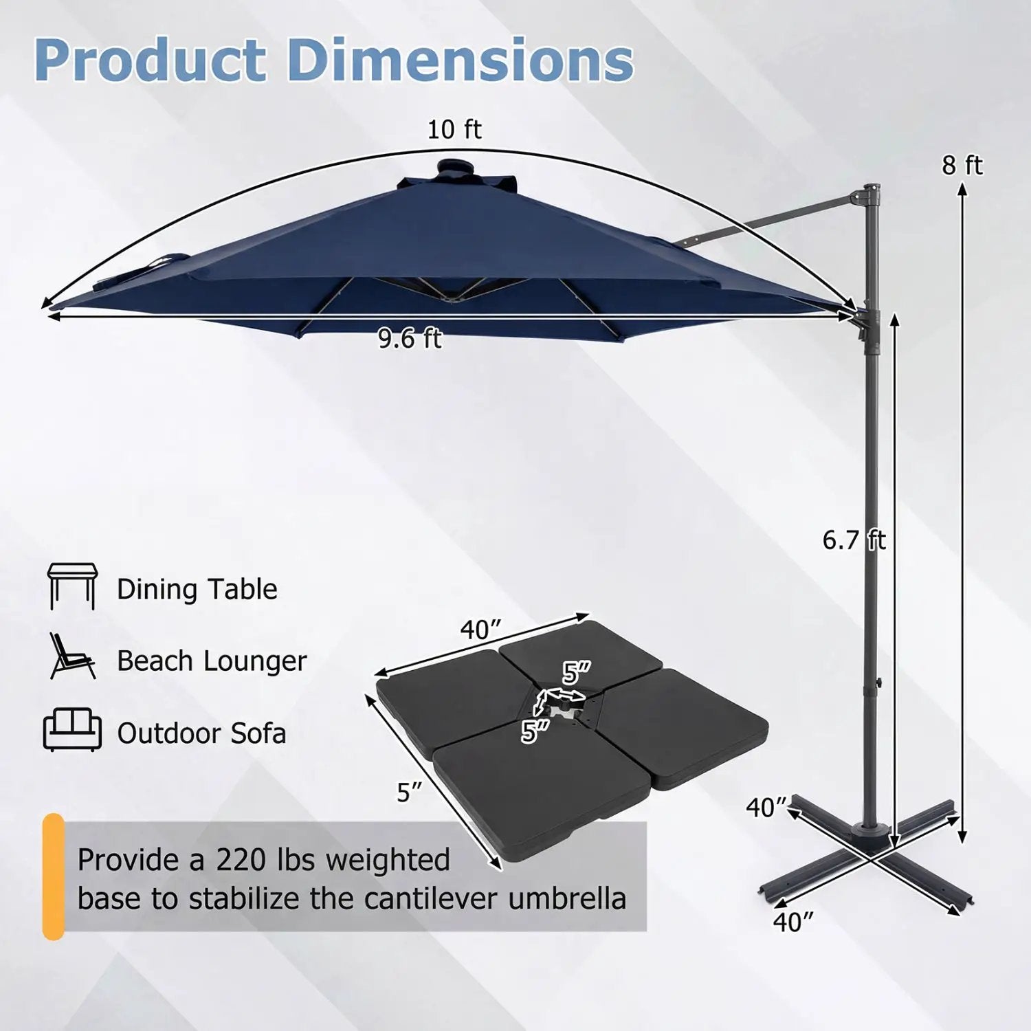 10 Feet Patio Cantilever Umbrella with Solar LED Lights by DirectDeals