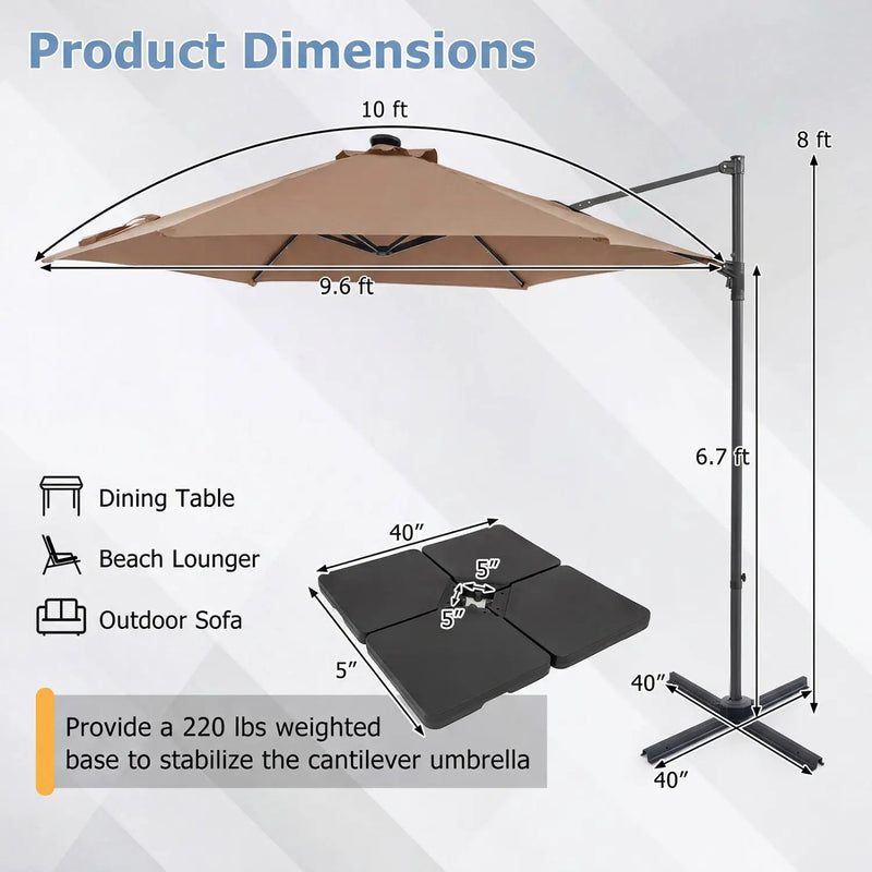 10 Feet Patio Cantilever Umbrella with Solar LED Lights by DirectDeals