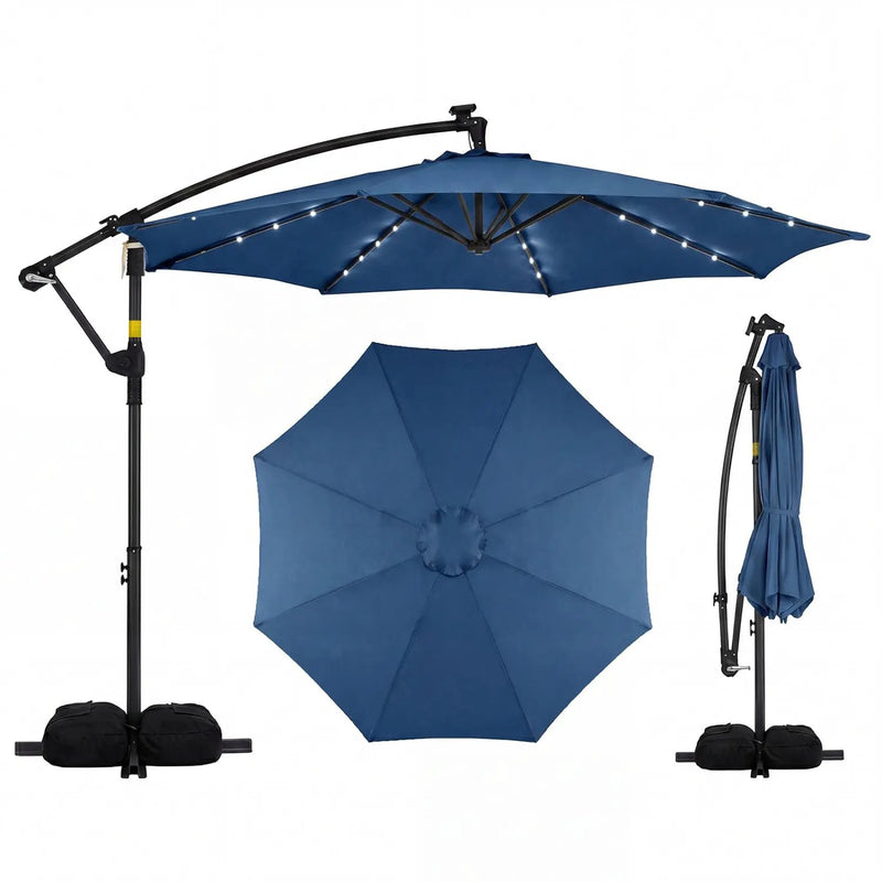 10 Feet Solar Offset Hanging Umbrella with Base and 32 LED Lights by DirectDeals